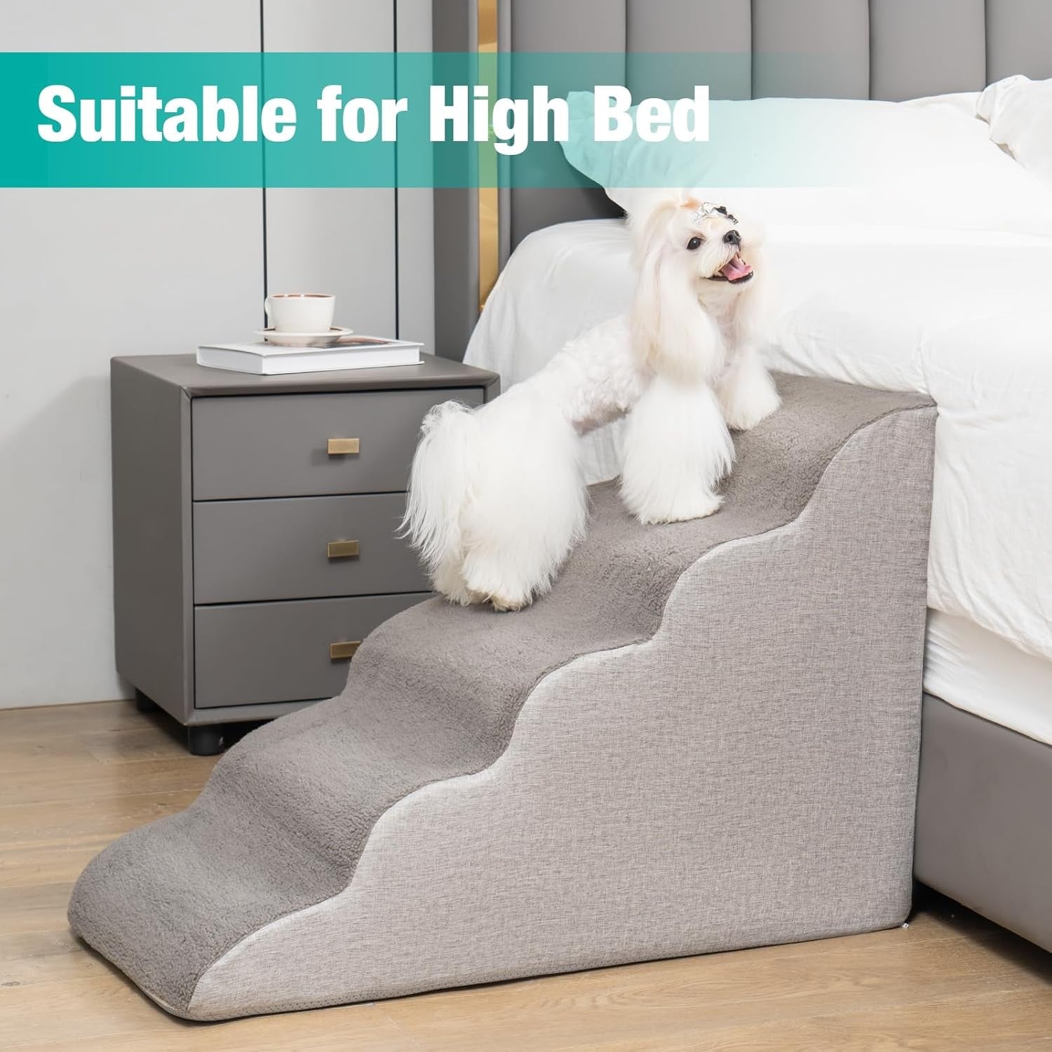 5 Tier Dog Stairs for Bed Non Slip Foam Pet Ramp Grey