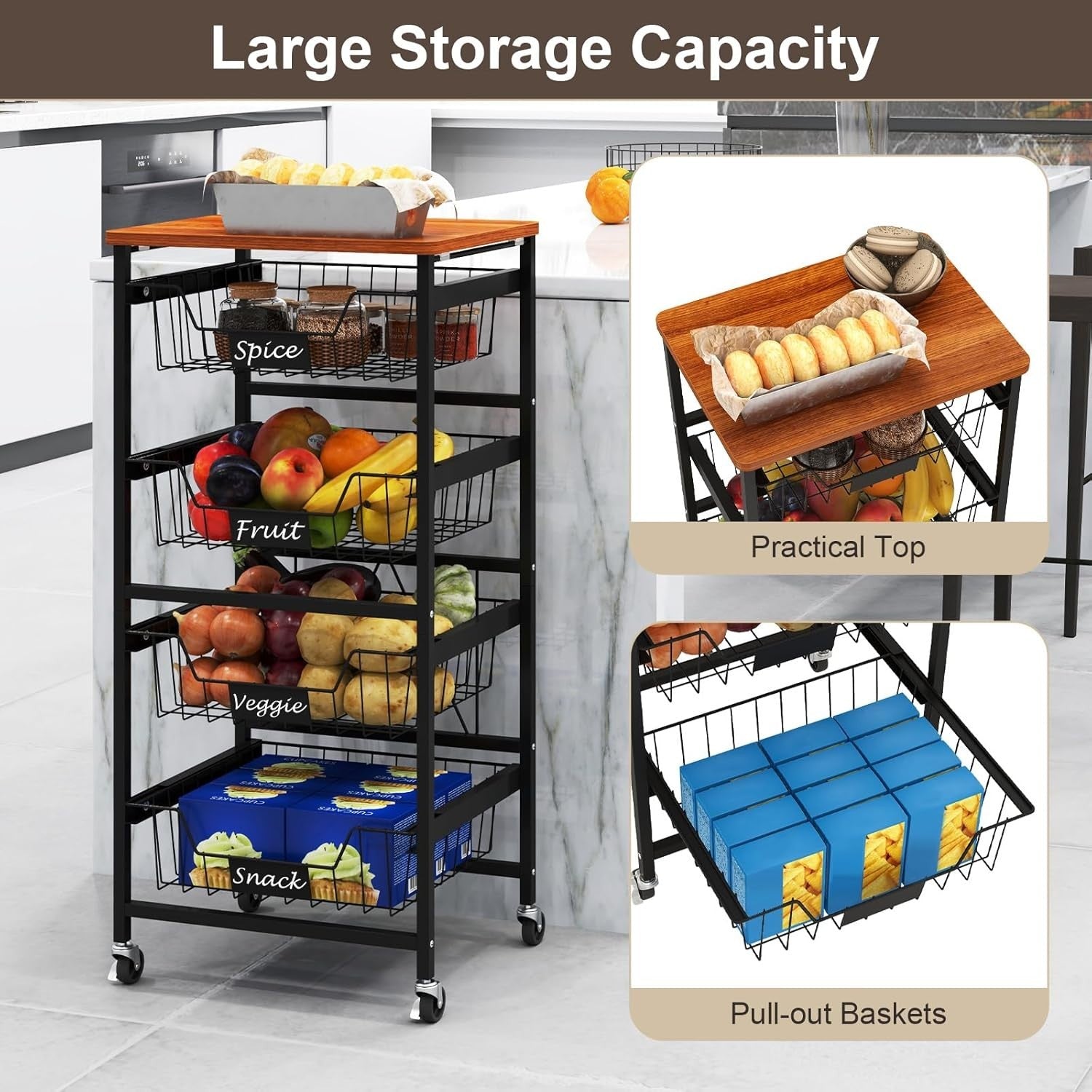5 Tier Rolling Storage Cart Utility Trolley Pull Out Baskets Wheels