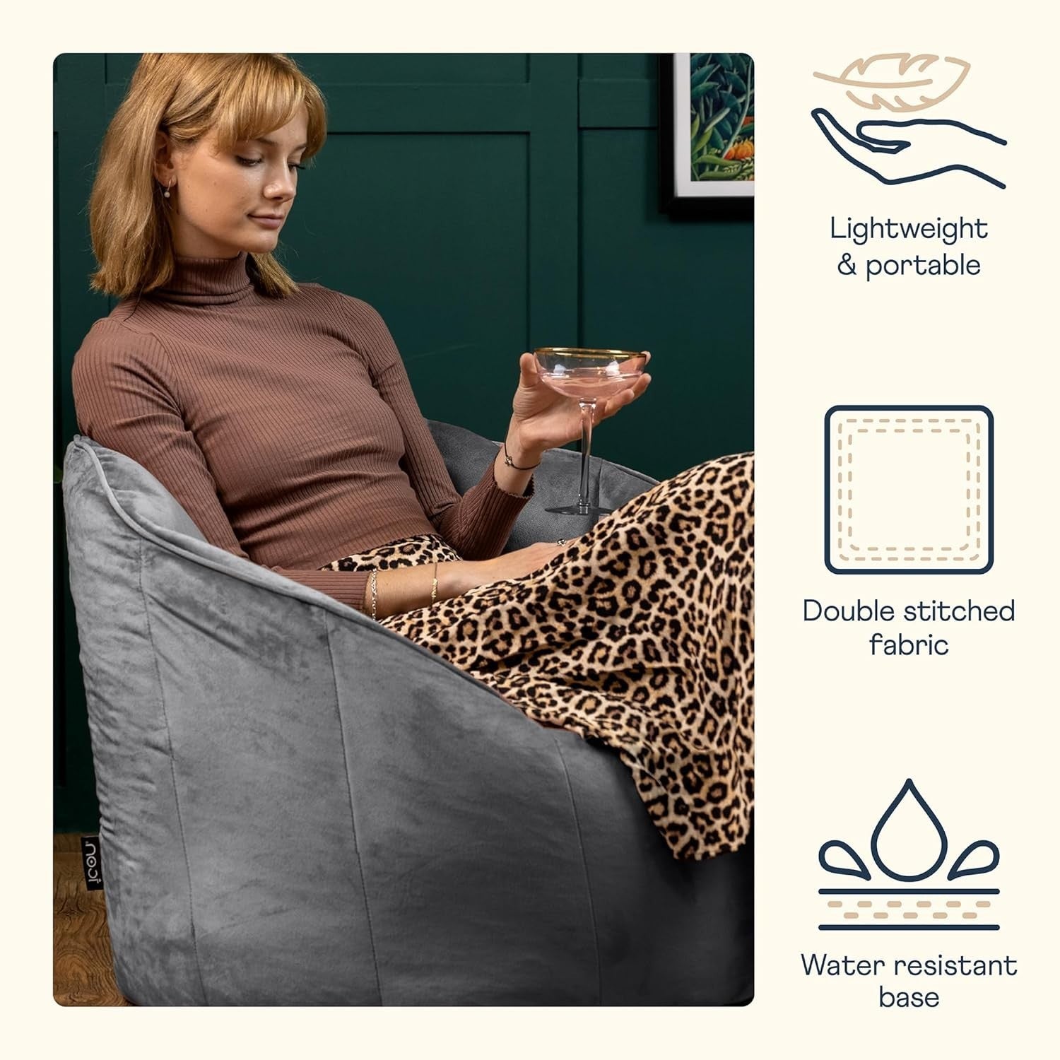 Large Velvet Bean Bag Chair Grey | Comfy Lounge Seat for Adults Room