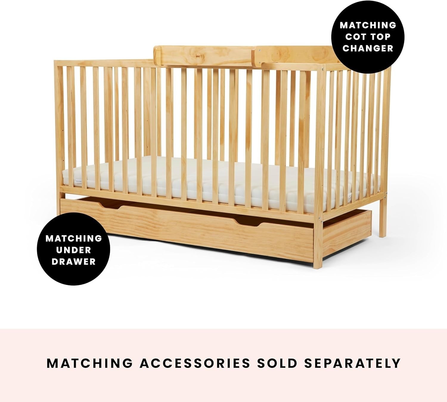 Stylish Wooden Baby Cot Bed Adjustable Height Crib with Fibre Mattress Pine