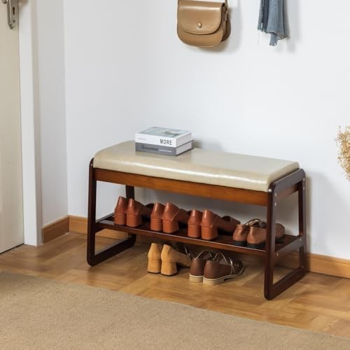 Modern Grey Shoe Bench with Cushion & Flip-Top Storage, Solid Wood 2-Tier