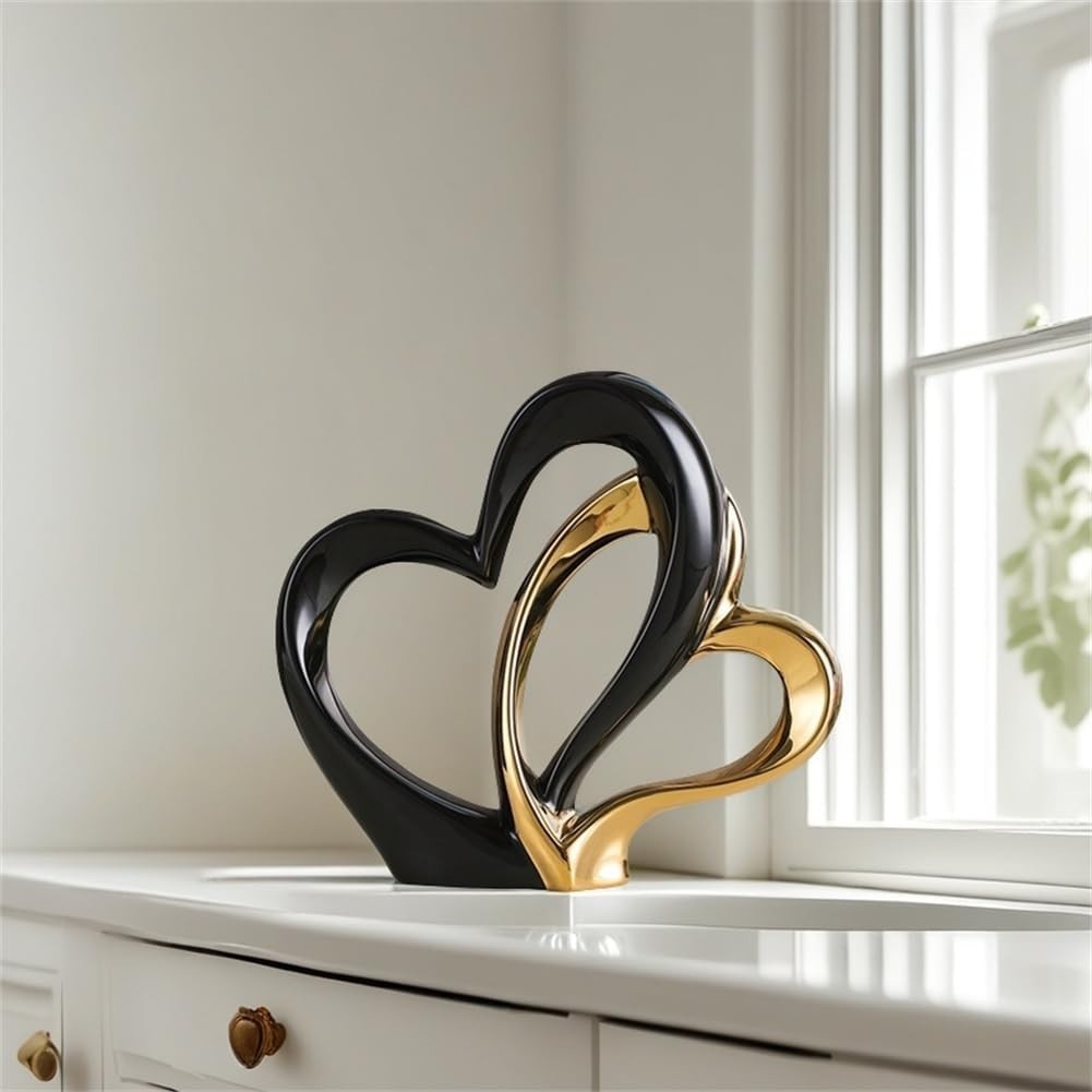 Modern Double Heart Ceramic Sculpture • Black & Gold Romantic Home Decor Gift