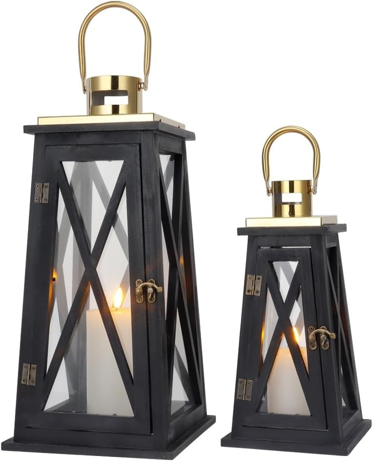 Set of 2 Farmhouse Wooden Lanterns Black Rustic Candle Holders 55cm