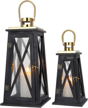 Set of 2 Farmhouse Wooden Lanterns Black Rustic Candle Holders 55cm