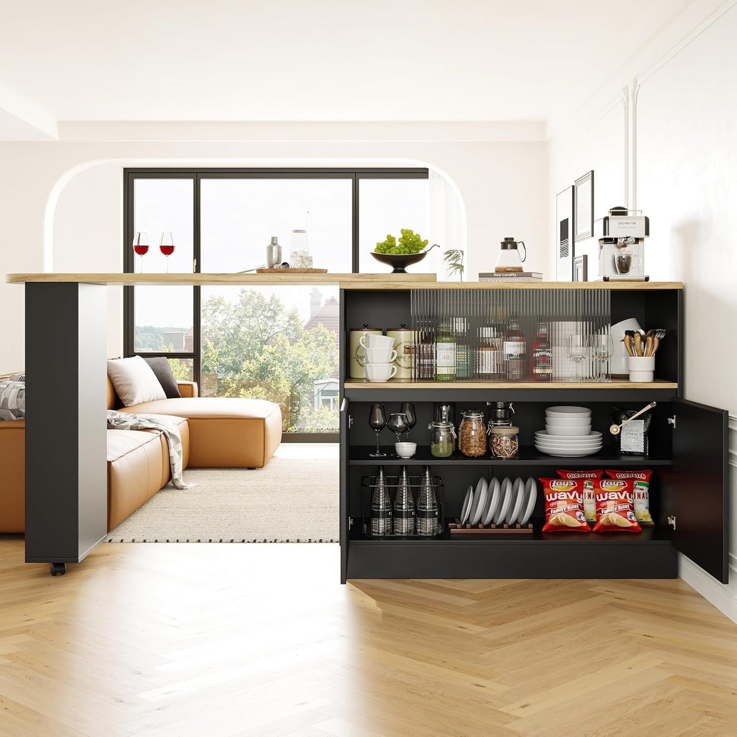 360° Swivel Kitchen Island with Storage Cabinet, Extendable Bar Table 90x45x100