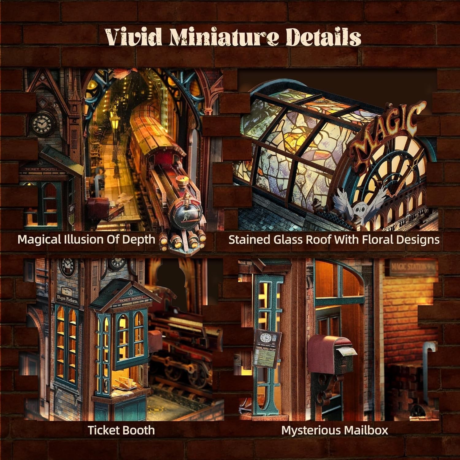 LED Magic Station Book Nook Kit 3D Wooden Puzzle Bookshelf Decor