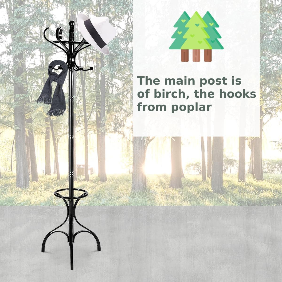 360° Rotating Black Wooden Coat Rack Stand 12 Hooks Freestanding Hall Tree