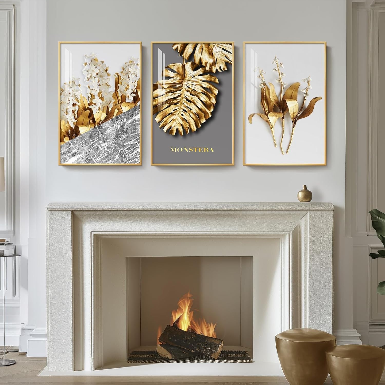 Luxury Gold Wall Art Set of 3 Framed 16x24 Modern Leaf