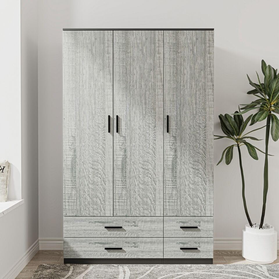 3 Door 4 Drawer Wardrobe Hanging Rail Black Ash Grey Bedroom Storage