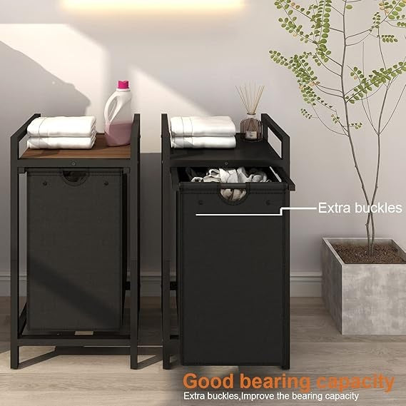 Black Walnut Laundry Hamper with Removable Bag & Wood Top Shelf for Small Spaces