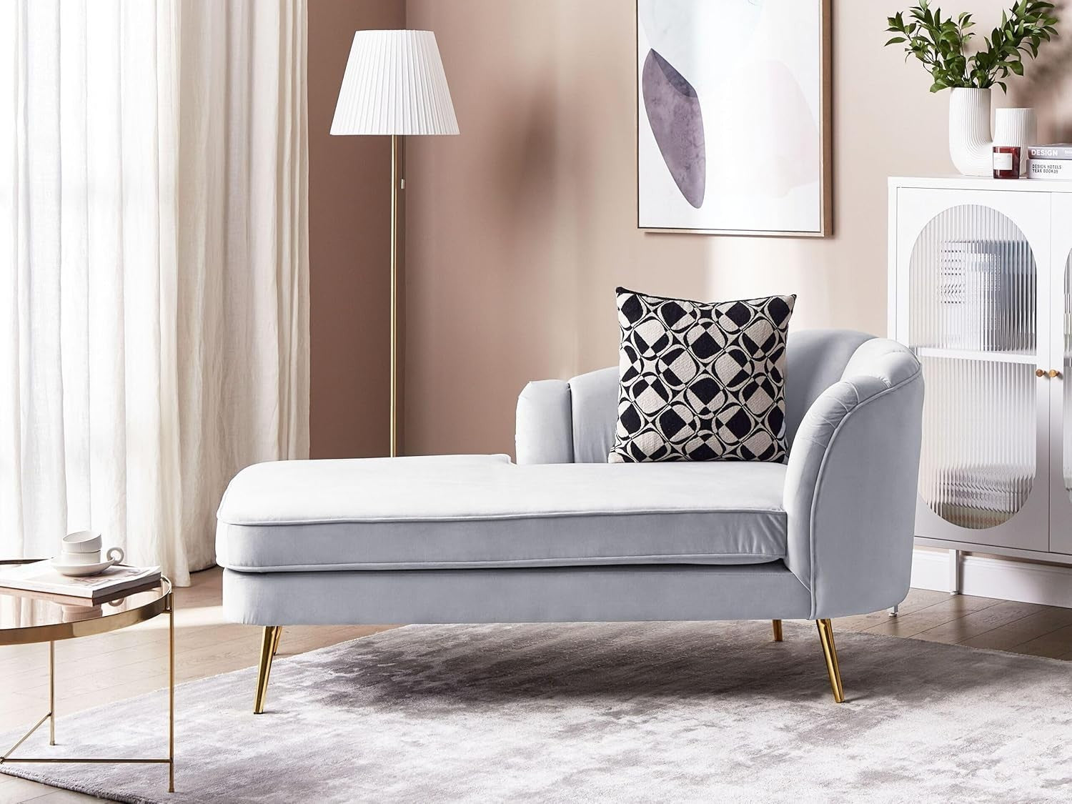 Grey Velvet Chaise Lounge Sofa | Right Hand, Gold Legs, Soft Upholstery