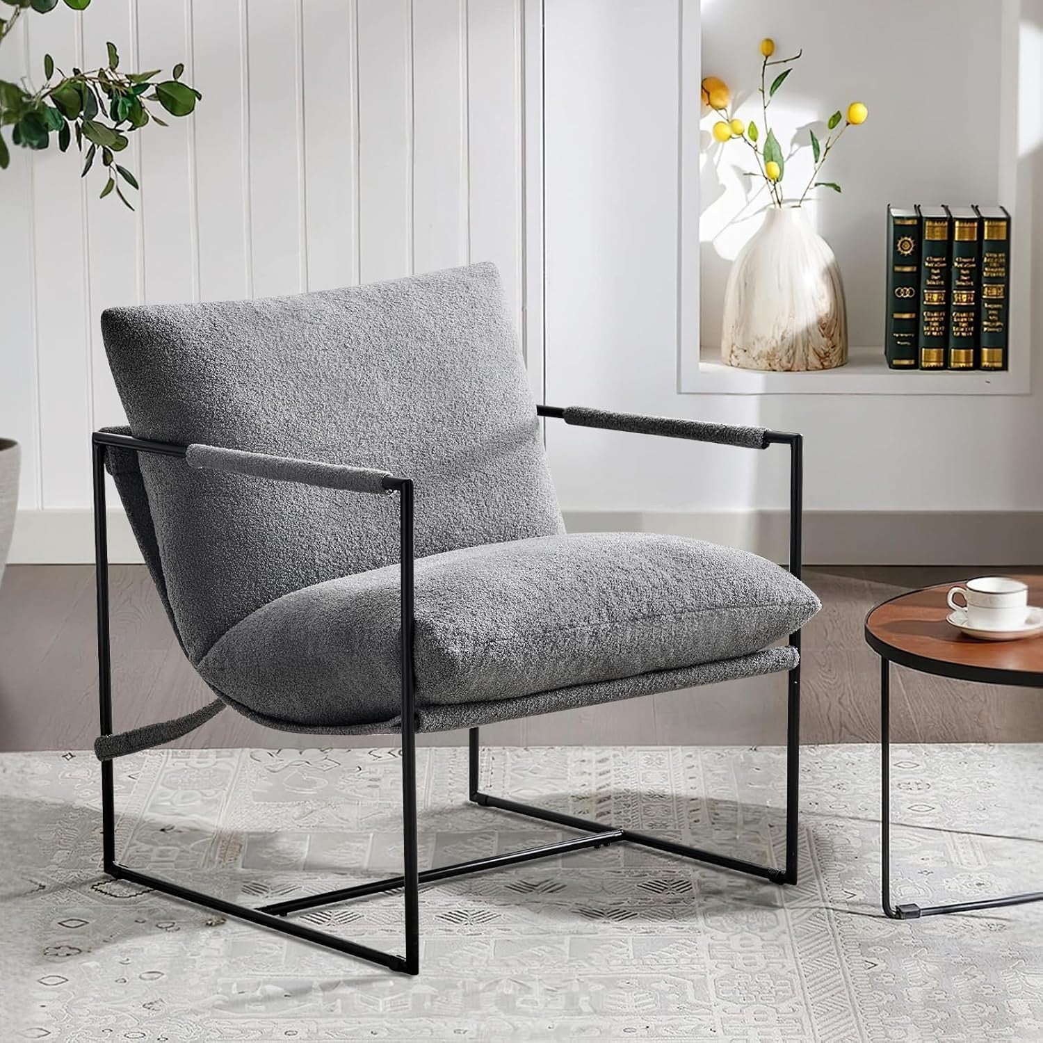Grey Modern Lounge Sling Chair Boucle Fabric Metal Frame