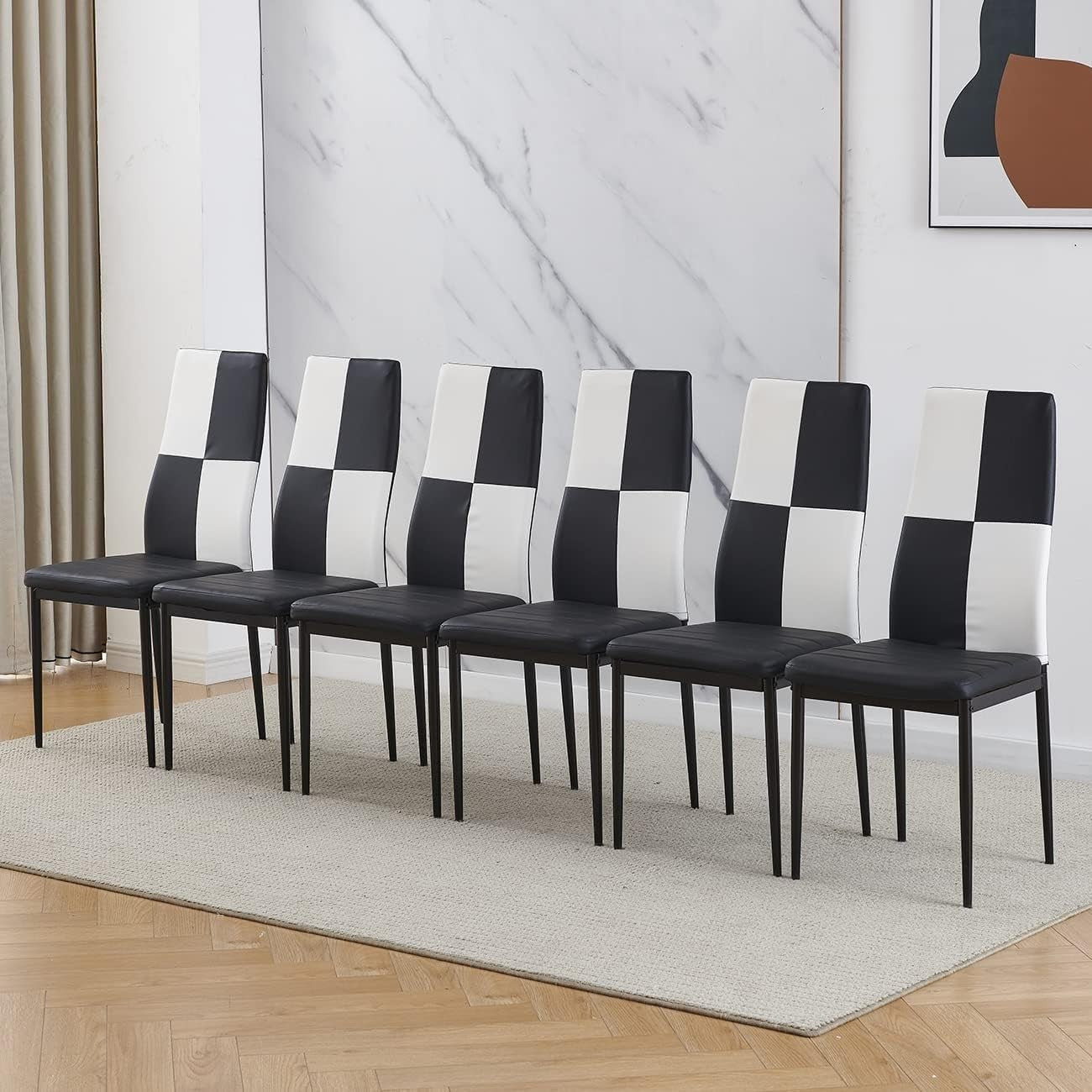 White Dining Table Set + 4 Checked Leather Chairs | Compact Home Kitchen
