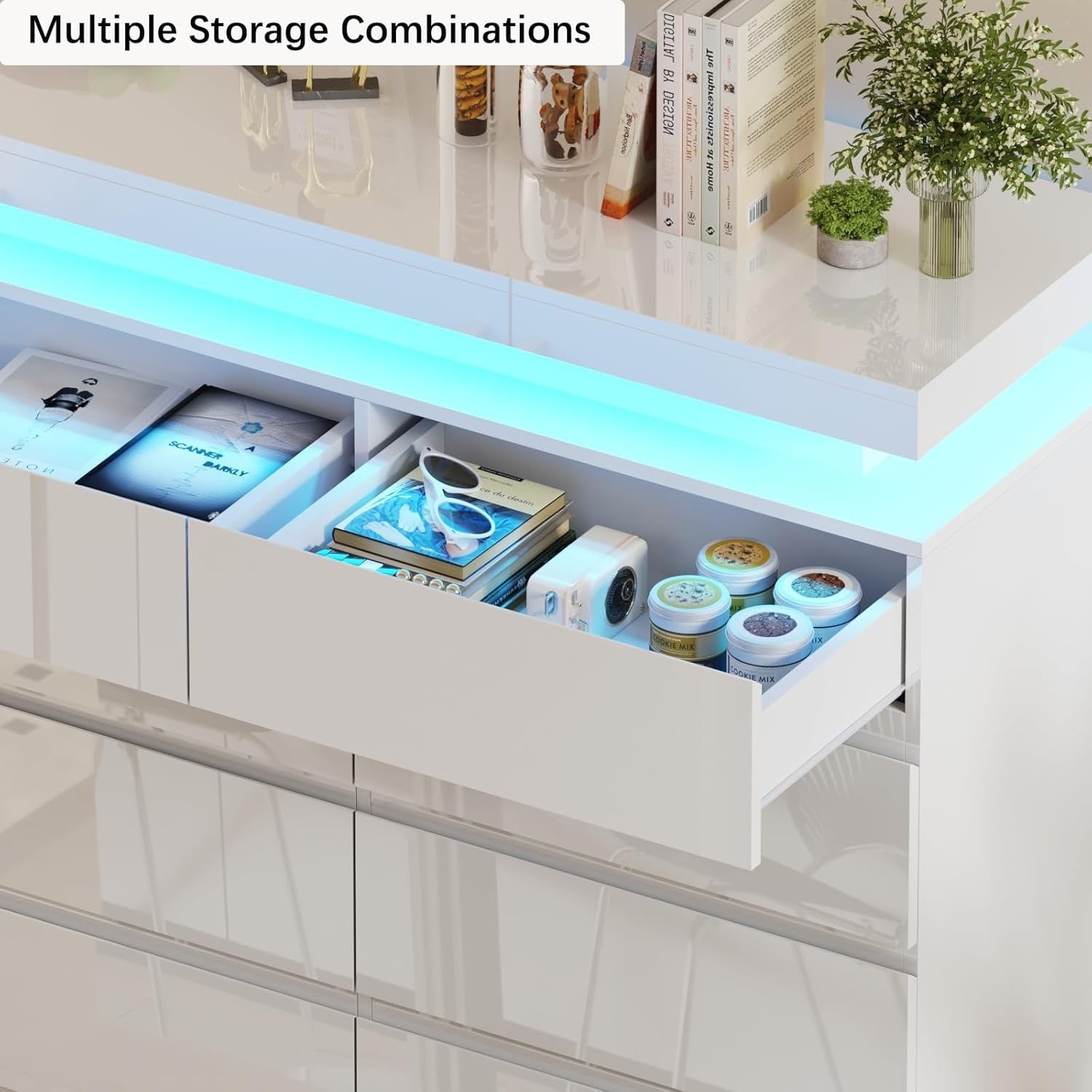 White Gloss Chest 8 Drawers with RGB LED Lights Storage Cabinet Modern