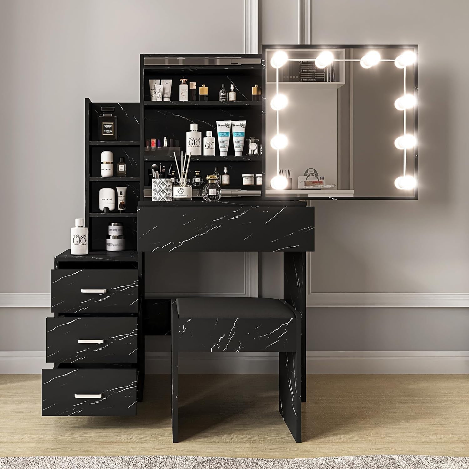 Wood Vanity Desk w/Sliding Lighted Mirror 2 Drawers Large Storage Shelves Set