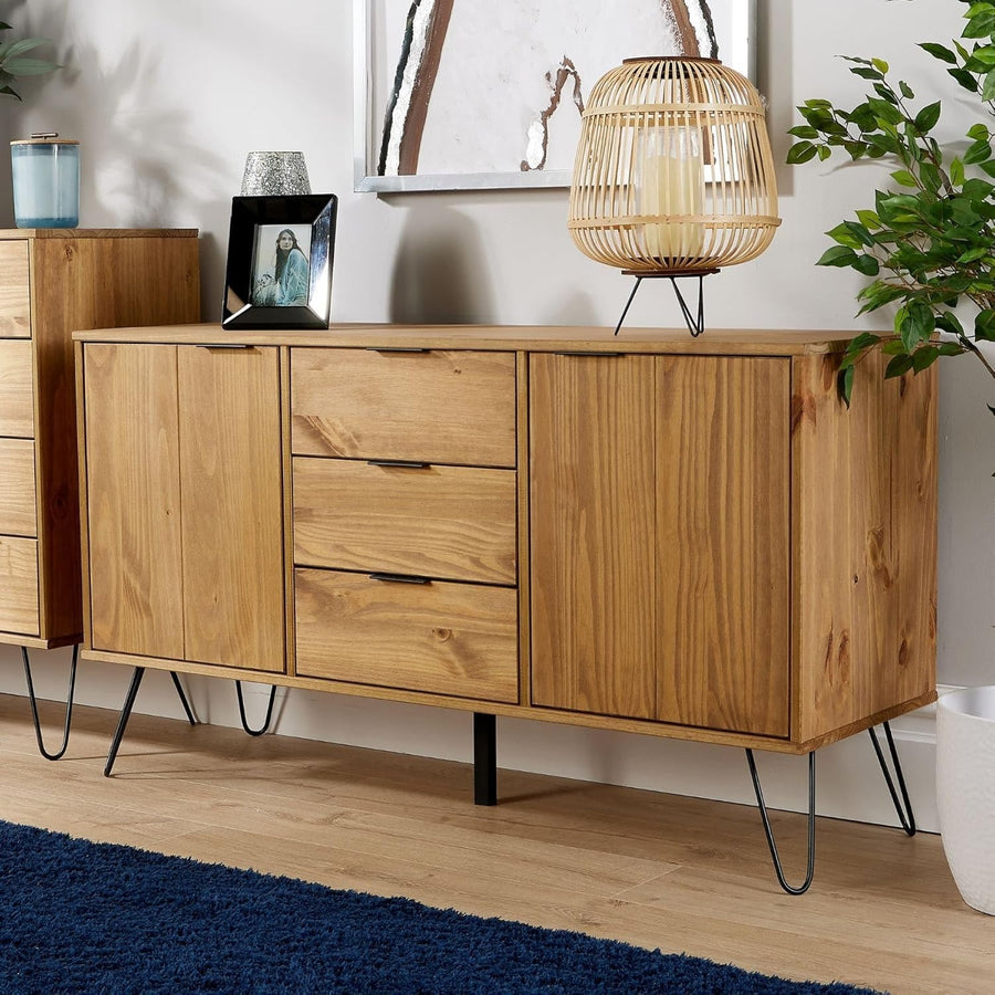 Industrial Sideboard Cabinet Pine 3 Drawers 2 Doors Metal Legs Storage