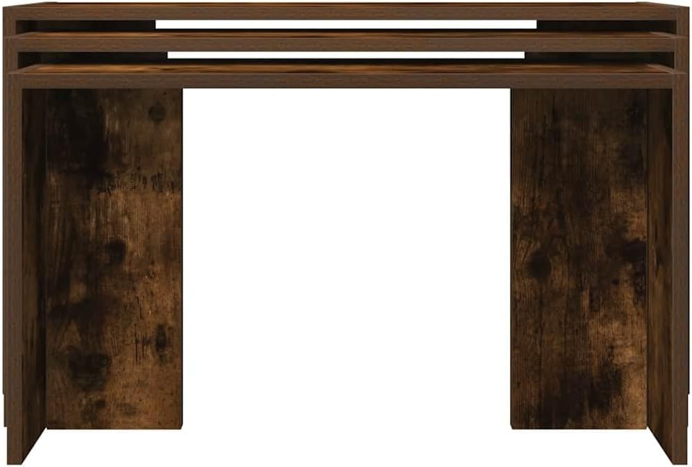 3 Pcs Nesting End Side Coffee Table Set Rectangular Smoked Oak Wood Stacking