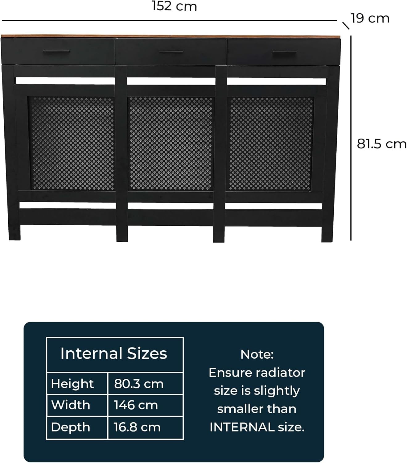 Large Black Radiator Cover with Drawers Diamond Slat W152xH96cm