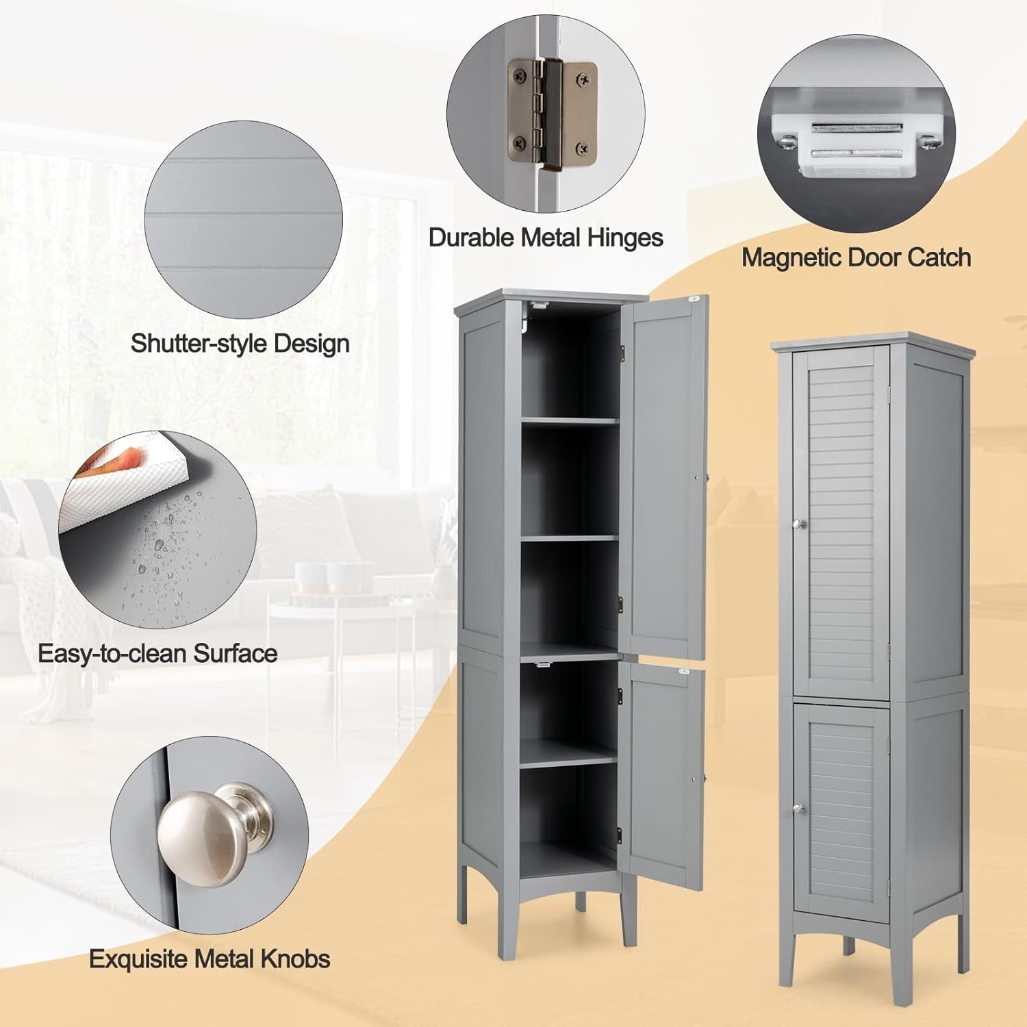 Grey Tall Bathroom Cabinet with 5 Shelves & 2 Doors Slim Storage Unit