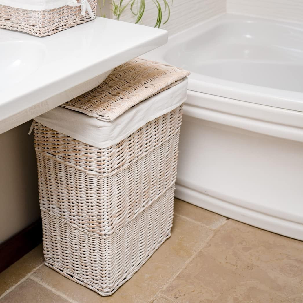 Large White Wicker Laundry Basket with Lid & Washable Liner – Elegant Hamper