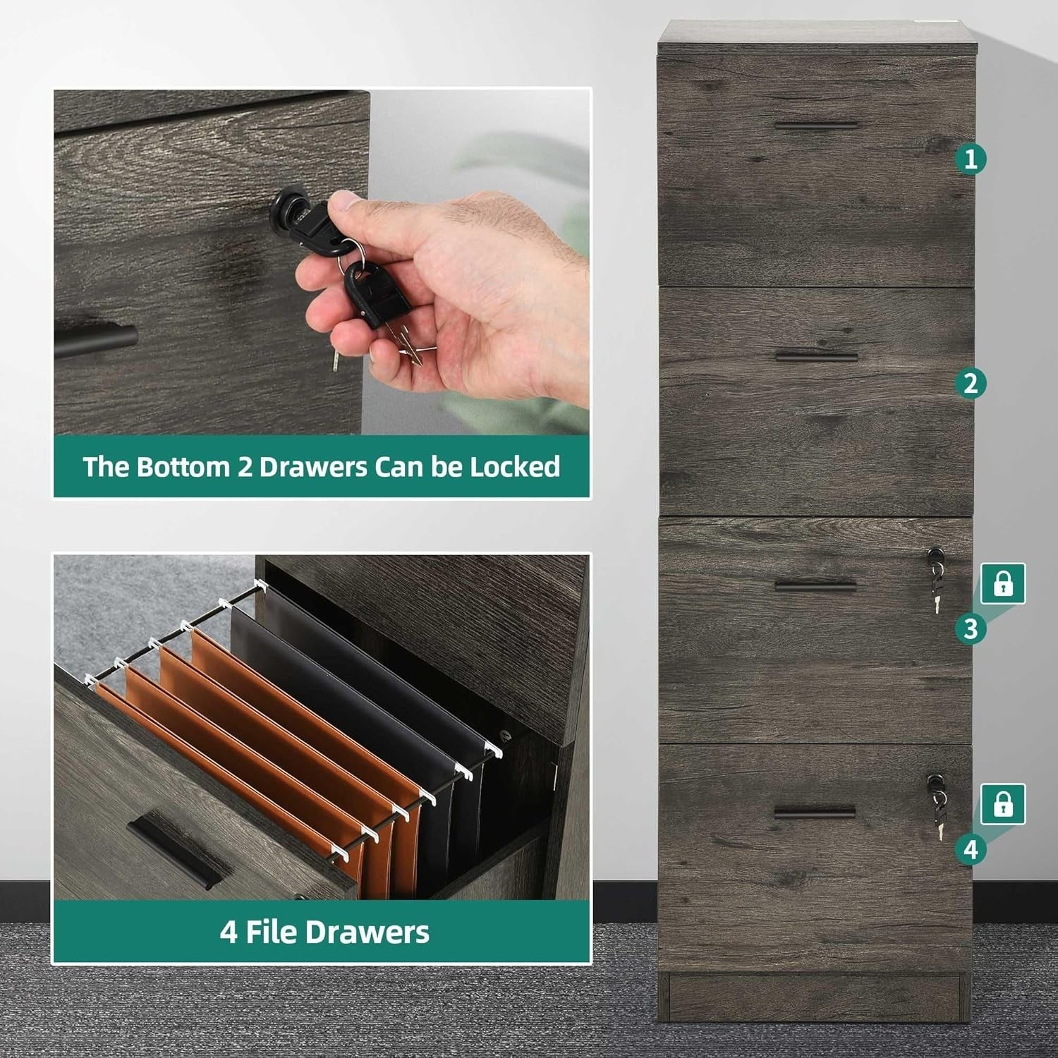 Grey Vertical Filing Cabinet 4 Drawer Lockable 131cm A4 Storage