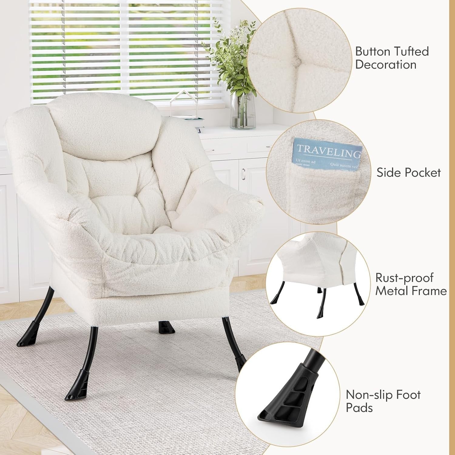 Beige Sherpa Armchair Comfy Lounge Reading Chair Sofa w/ Side Pocket