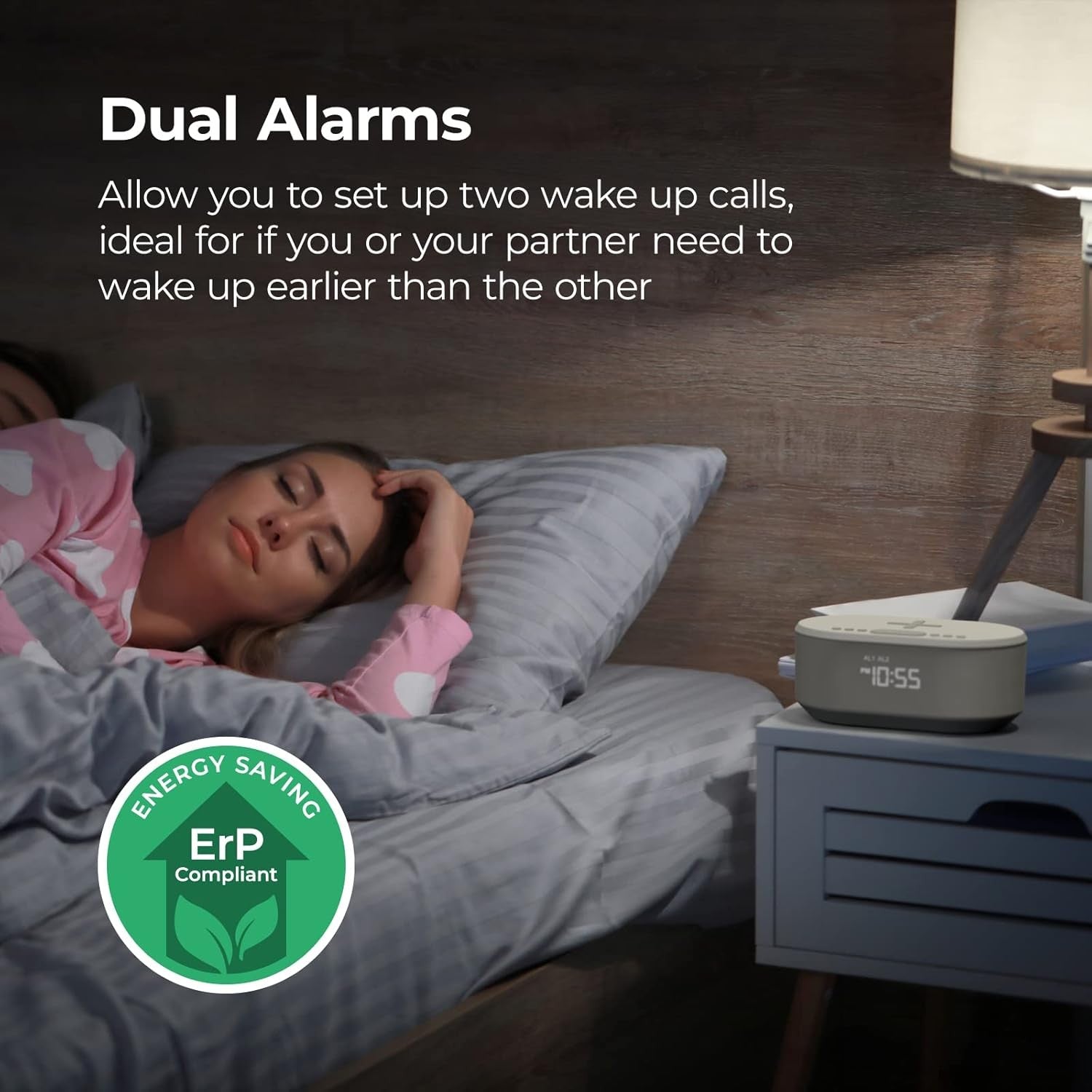 Grey Bedside Alarm Clock Wireless Charging Bluetooth Speaker Dual Alarm