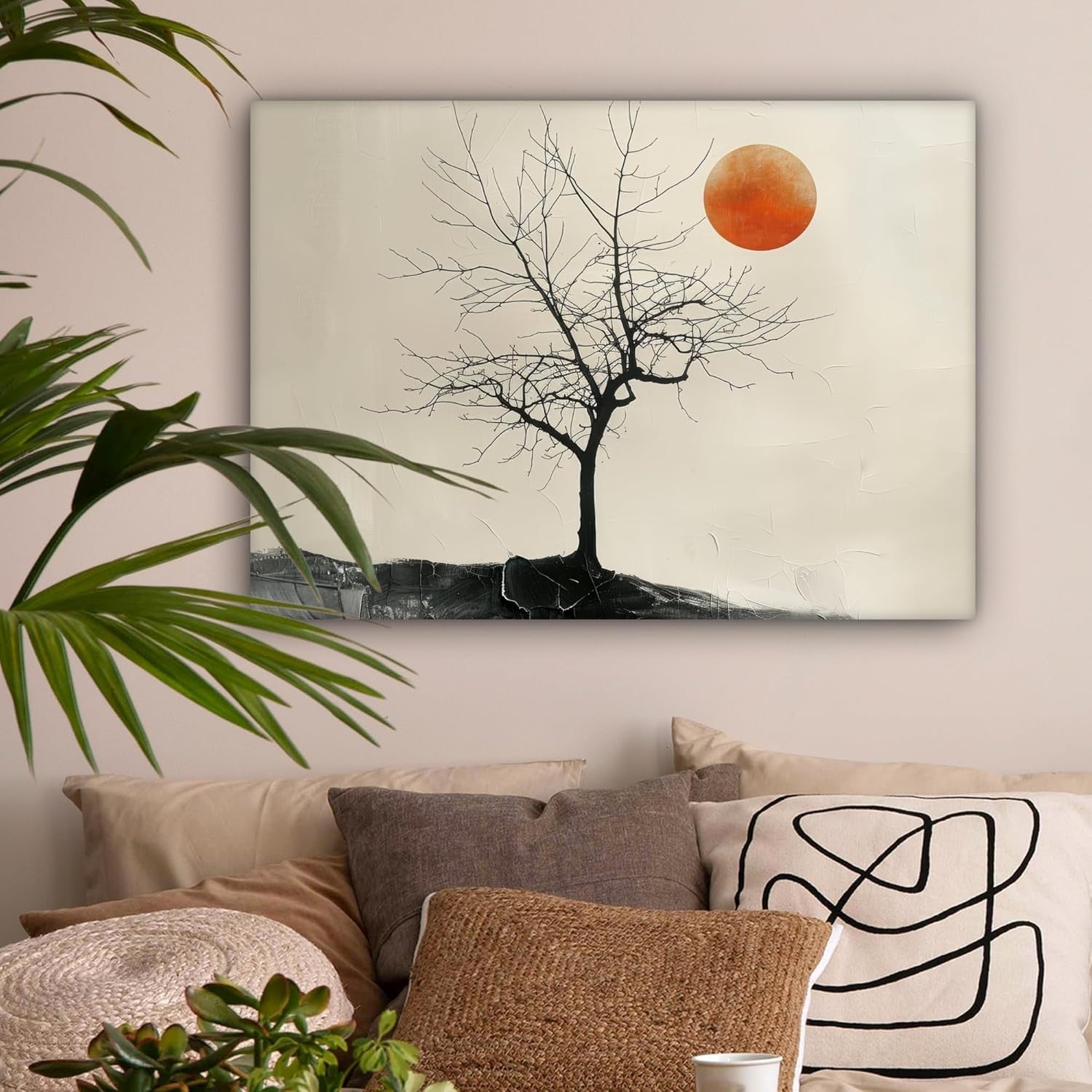 Large Canvas Wall Art 70x50cm Modern Black Tree Orange Moon Print