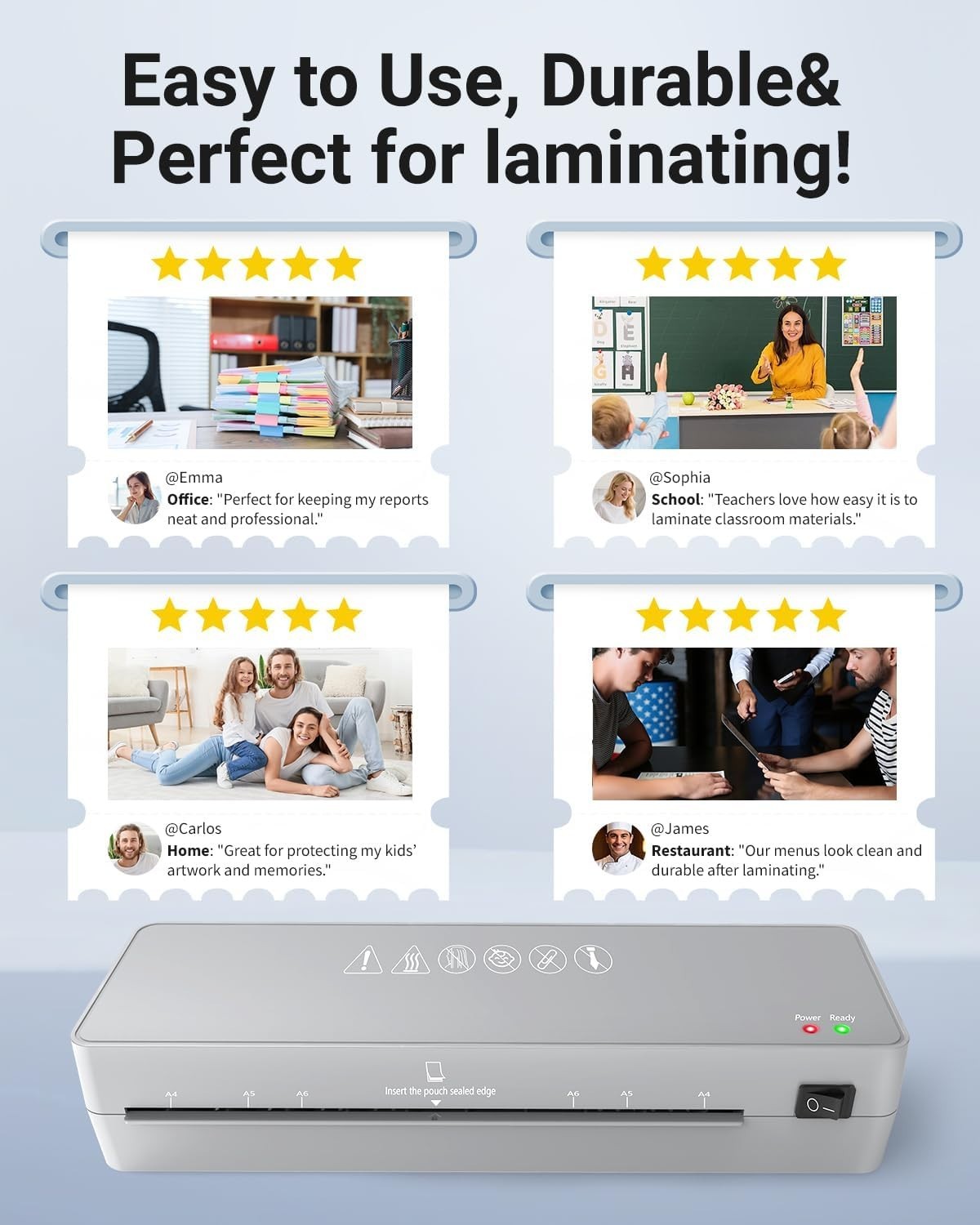 A4 Laminator Machine Fast Warm Up No Bubble Anti Jam Compact + Pouches