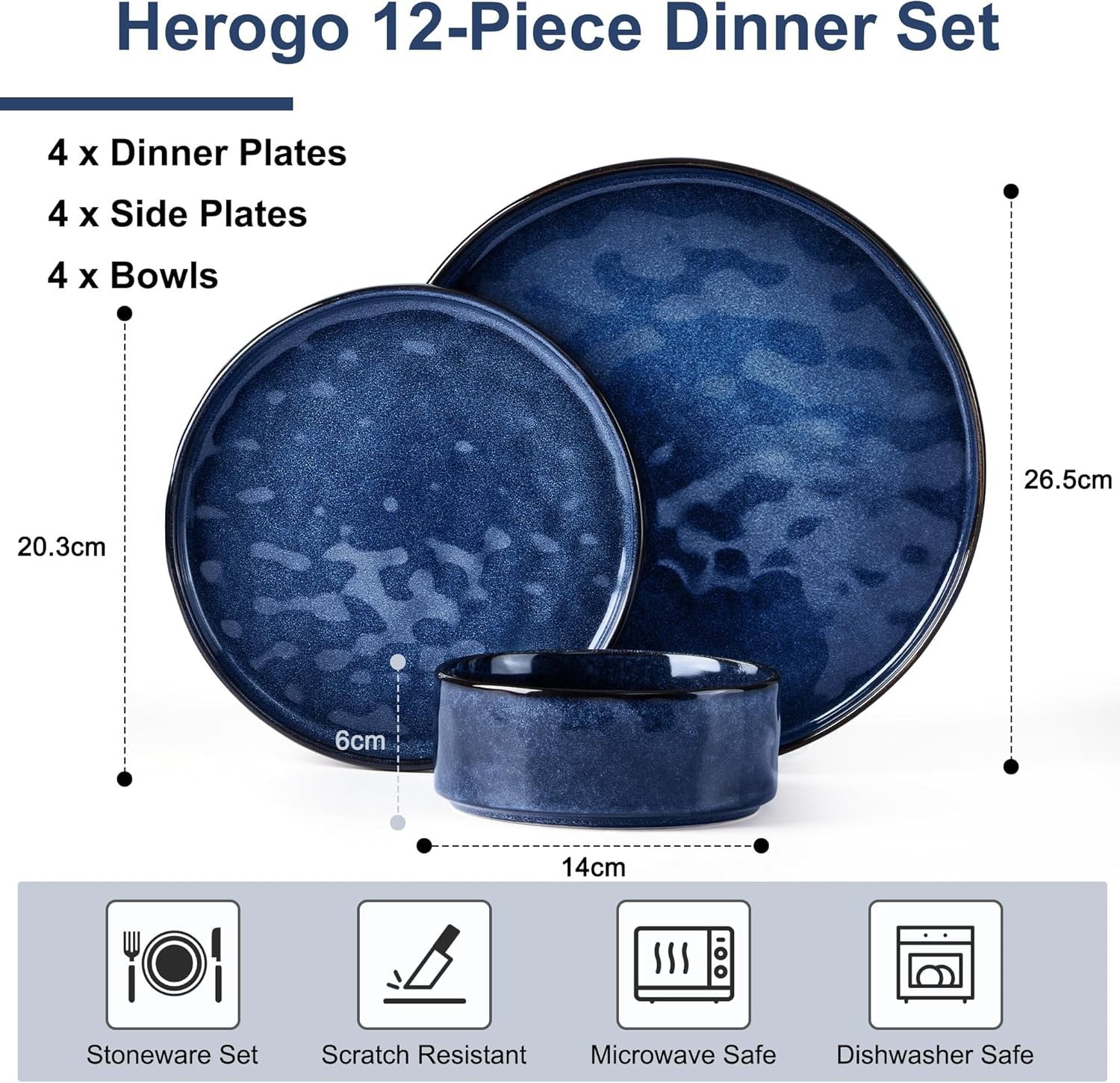 12 Piece Stoneware Dinner Set Plates Bowls Glaze Dishwasher Safe