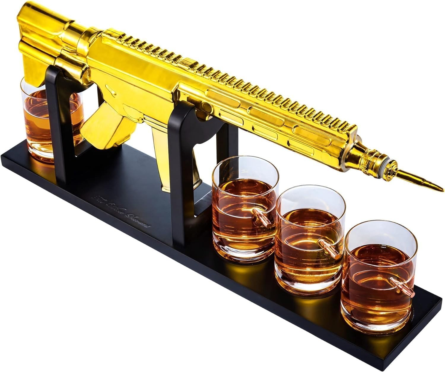 Gold AR15 Style Whiskey Decanter Set with Bullet Glasses Luxury Bar Gift