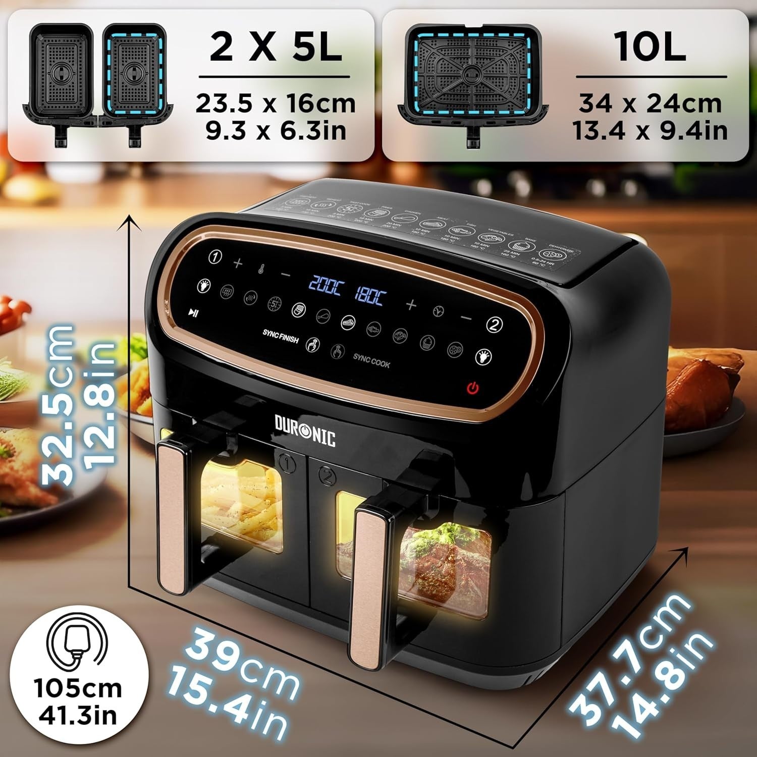 Dual Zone Digital Air Fryer 10L XL Twin Drawer | Viewing Windows 10-in-1 Presets