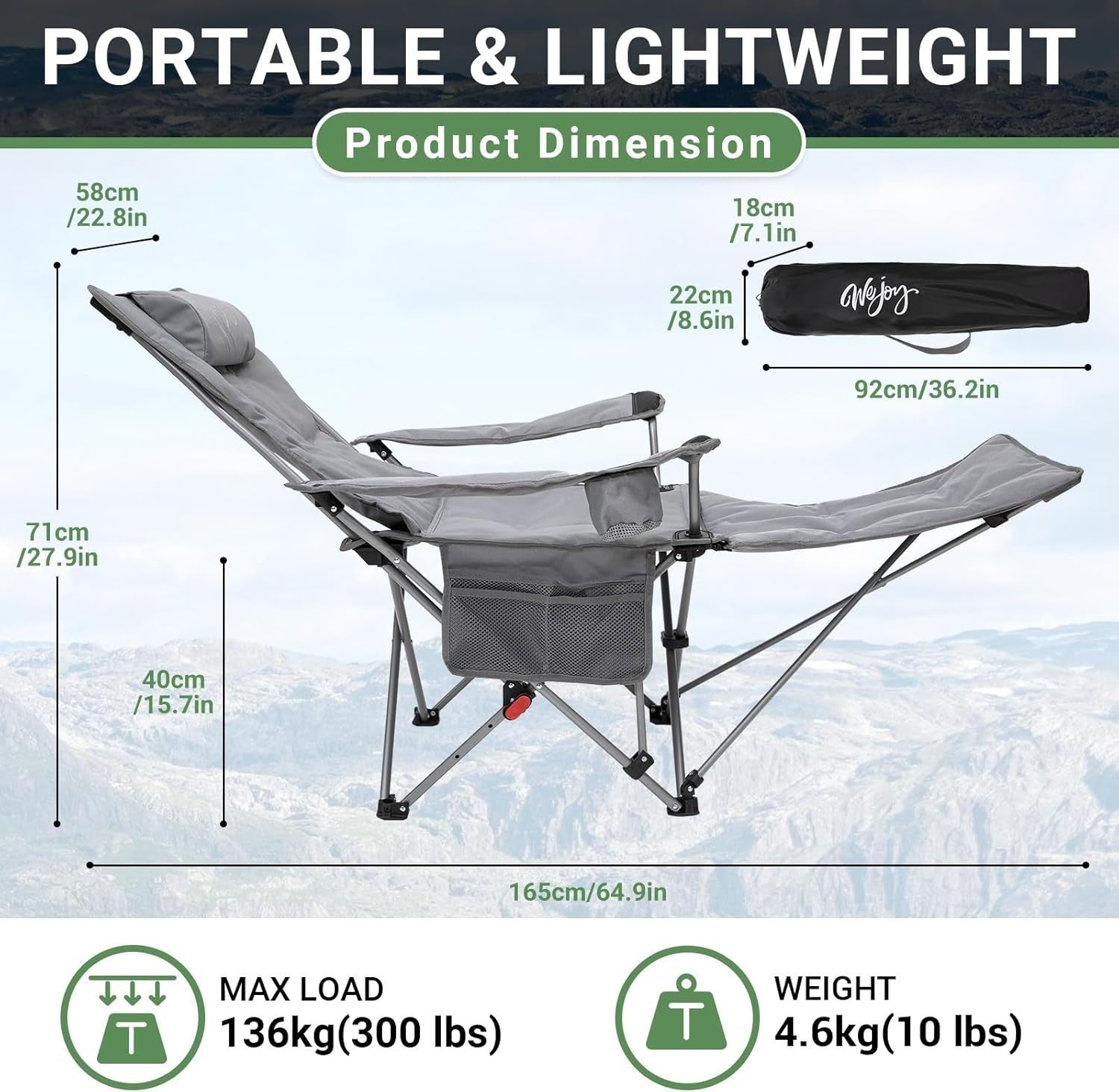 2x Reclining Folding Camping Chairs Padded Footrest Grey Cup Holder
