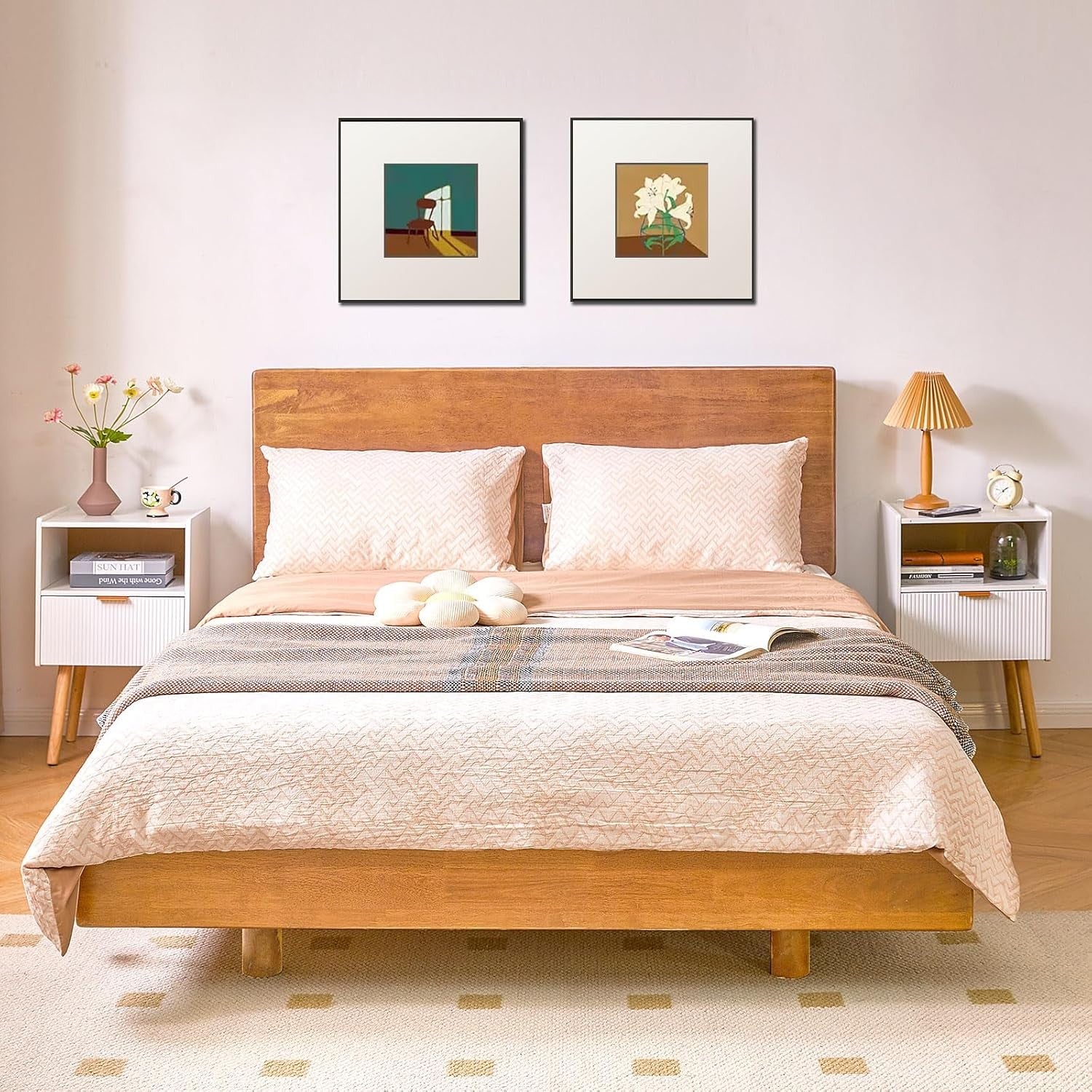 White Bedside Table with Drawer & Open Shelf – Modern 2-Tier Nightstand with Woo