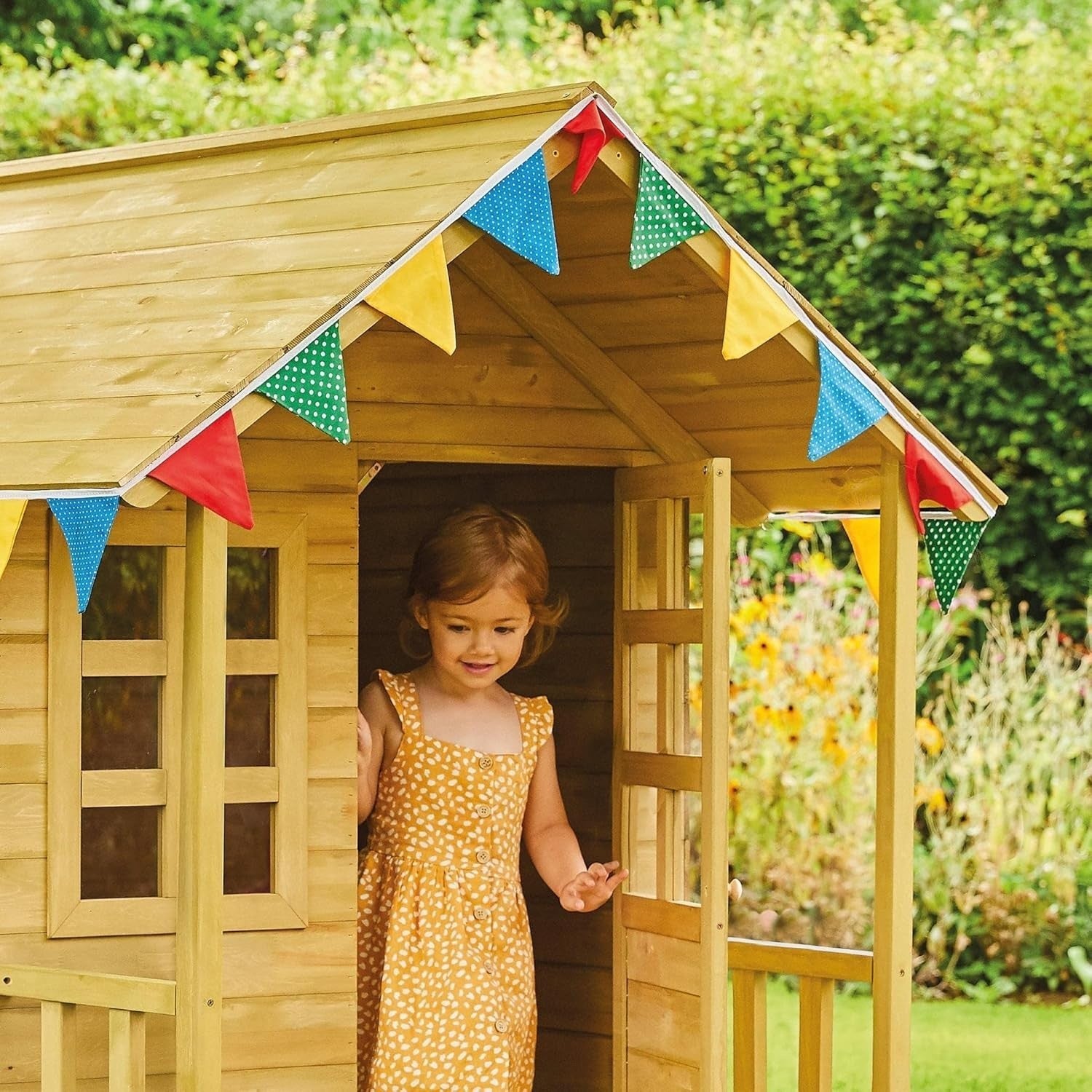 Wooden Kids Playhouse Cottage Outdoor w Bell Postbox Fence Garden
