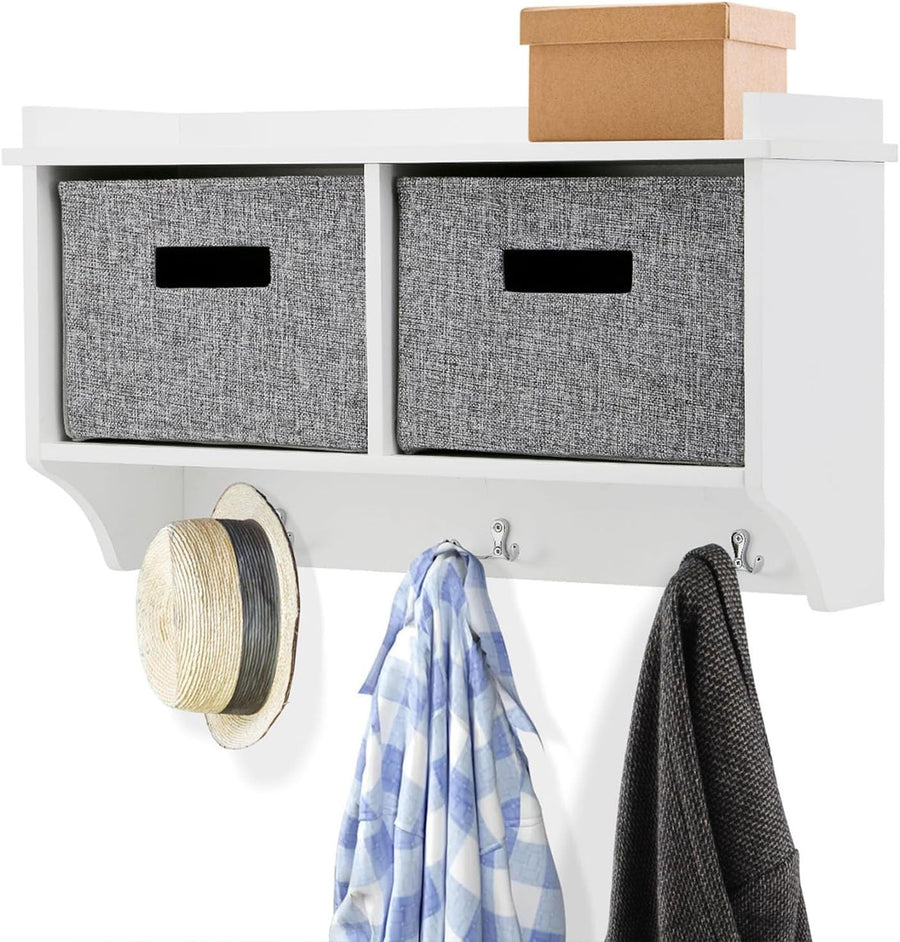White Wall Mounted Coat Rack | 3 Hooks & 2 Fabric Baskets Hallway Shelf