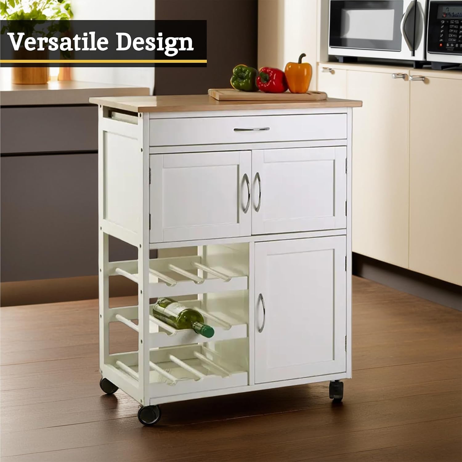 Kitchen Island Trolley on Wheels Bamboo Top Storage Cabinet Drawer Wine Rack