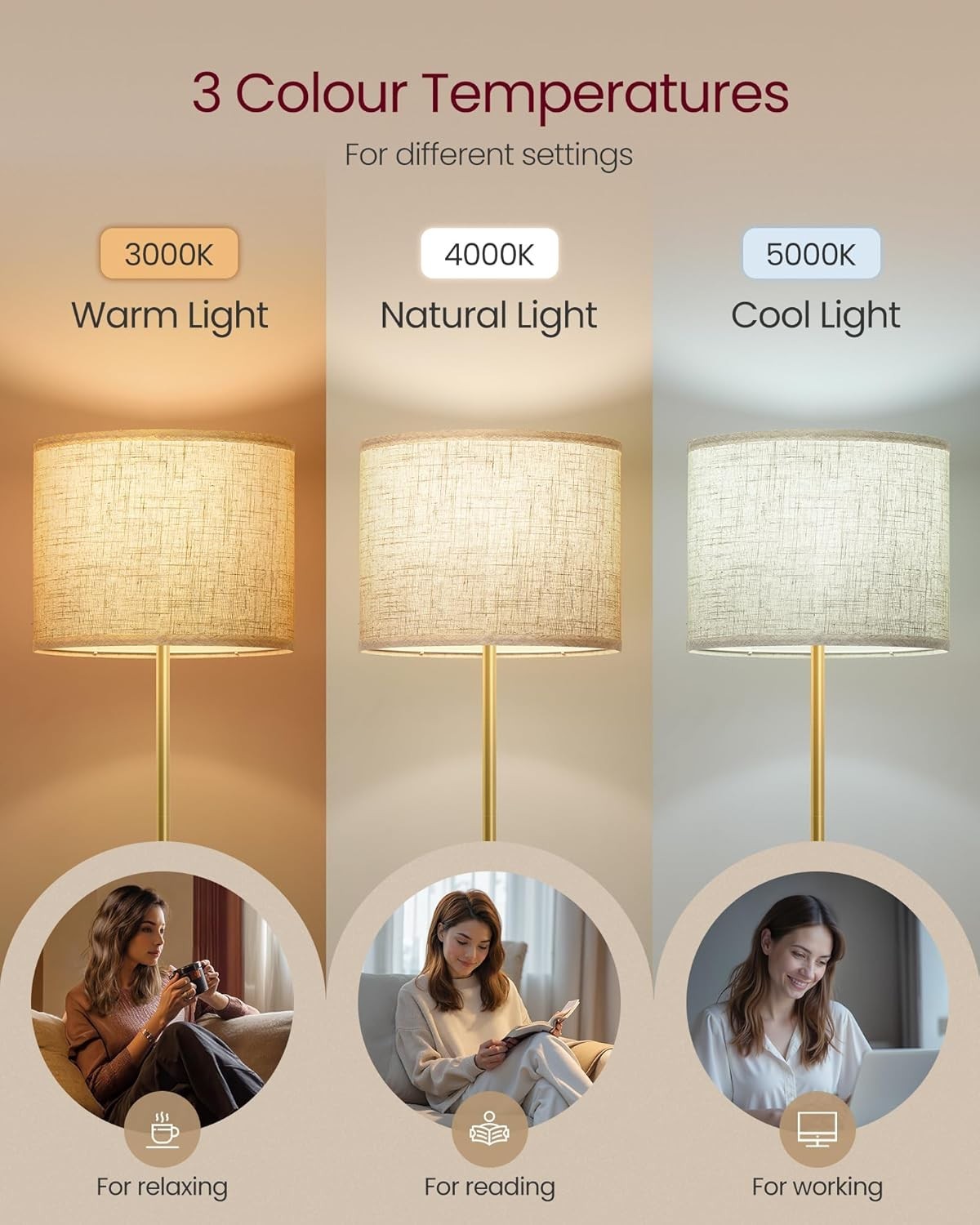 Adjustable Floor Lamp 170cm Gold Black Stand Beige Fabric Shade E27 LED