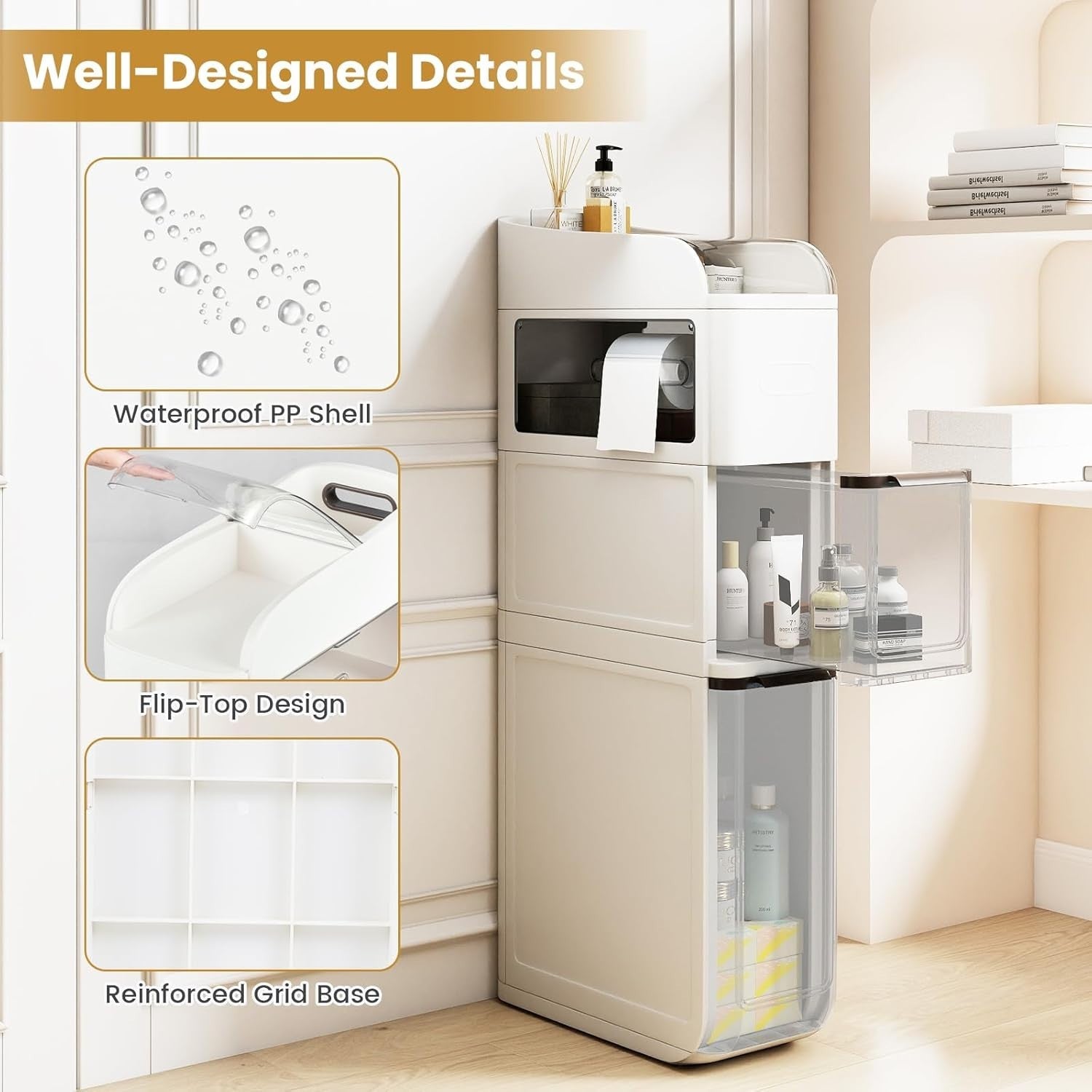 Slim Bathroom Storage Cabinet Rolling Organizer with Drawers White