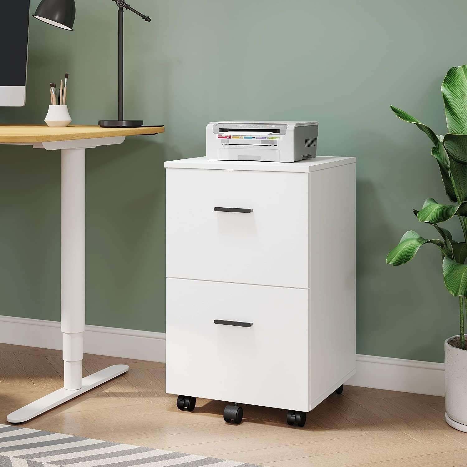 White 2 Drawer Mobile Filing Cabinet Wooden Office Storage on Wheels Home Office