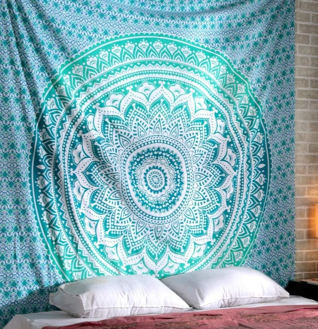 Sea Green Ombre Mandala Cotton Tapestry 213x230cm Boho Decor