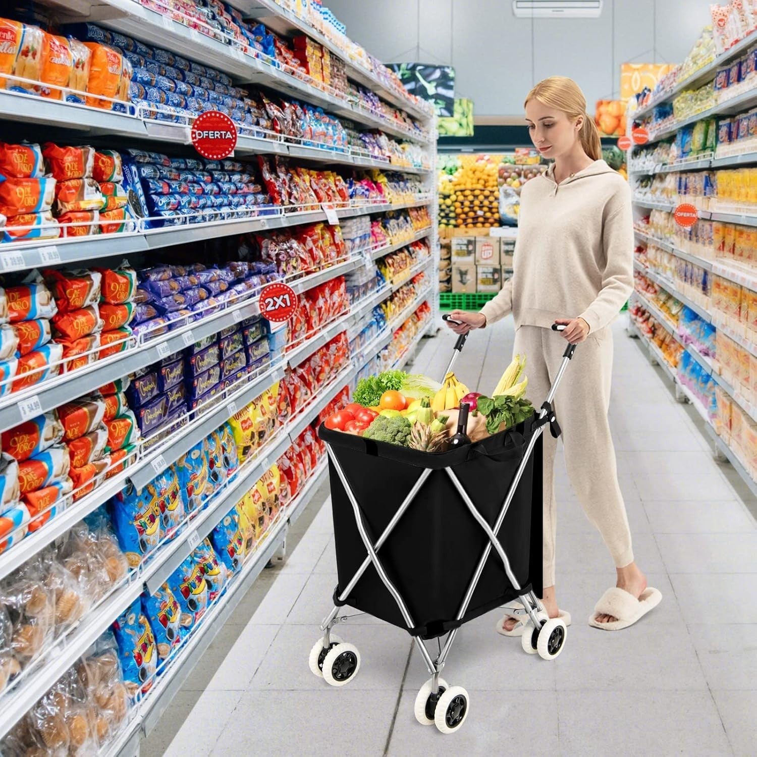 90L Folding 8-Wheel Utility Shopping Cart Trolley Lightweight Black