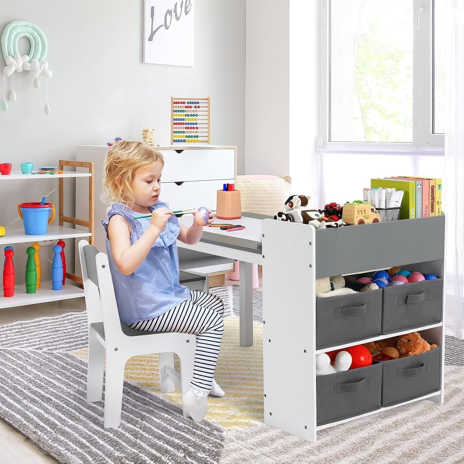 Kids Art Table & Chairs Set with Storage Boxes, Paper Roll Holder, Drawing Desk