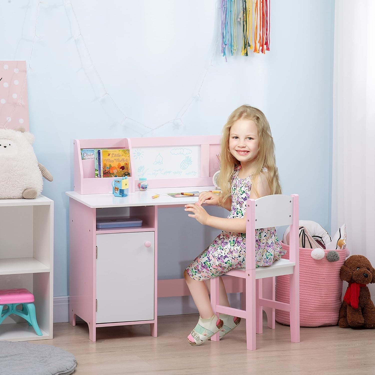 Kids Desk and Chair Set with Storage Whiteboard Study Table Furniture Pink