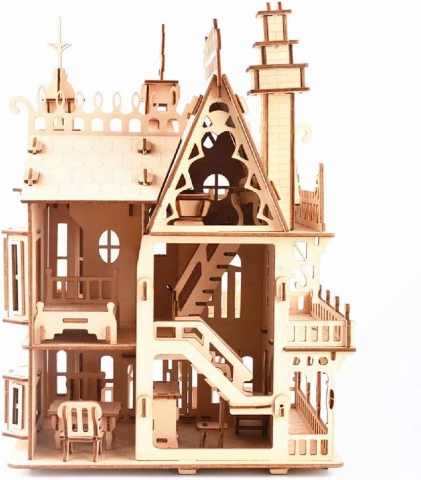 3D Wooden Fantasy Villa Puzzle Kit - DIY Miniature Model, Paintable