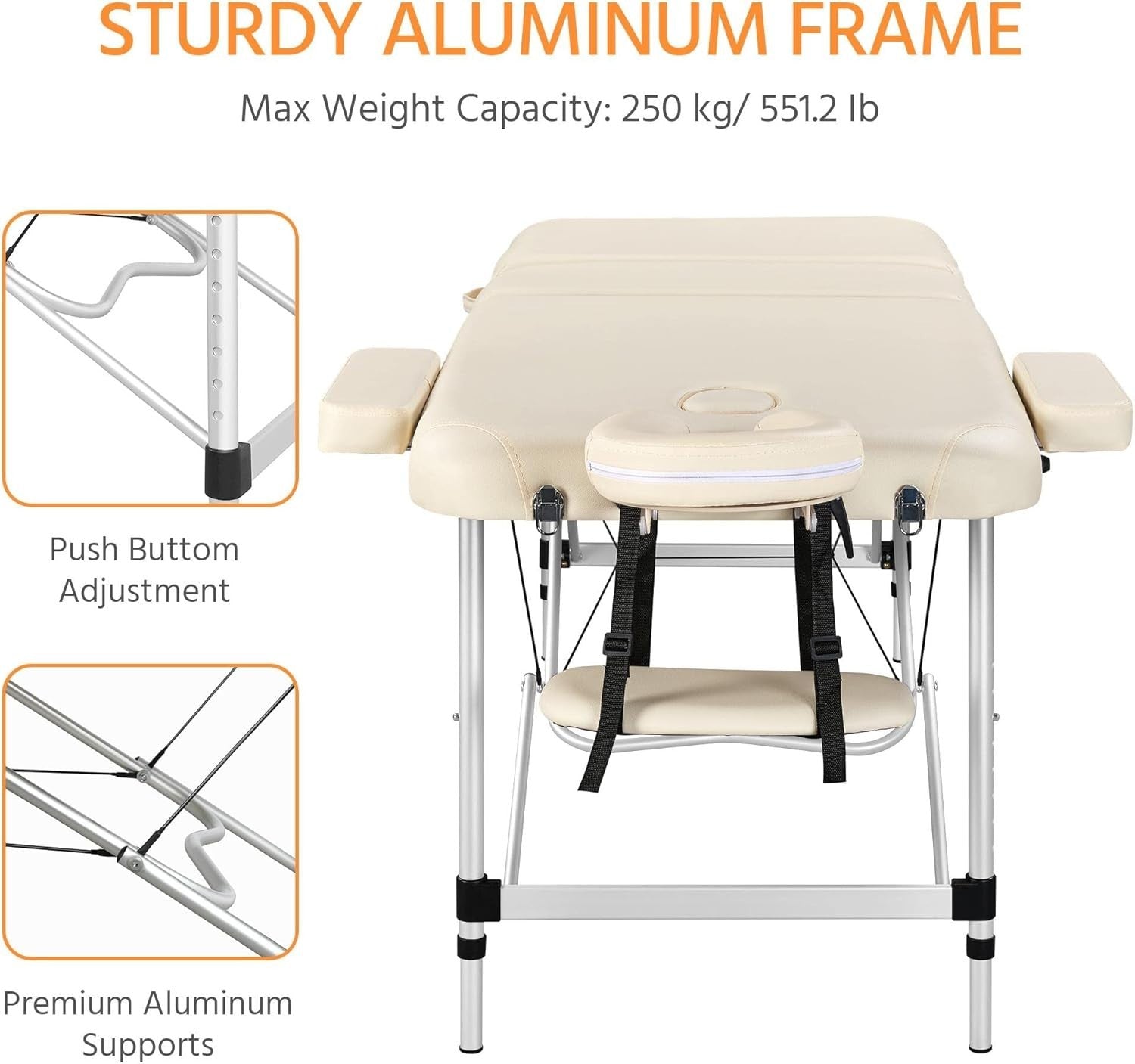 70cm 3-Section Portable Massage Table | Foldable Cream Lash Beauty Bed Aluminium