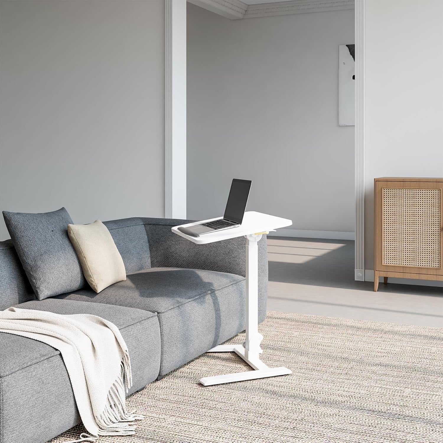 White Mobile Folding Sit Stand Desk Height Adjustable Laptop Table on Wheels