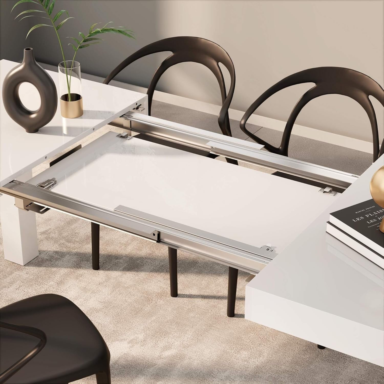 Extendable Glassy White Dining Table 8 Seater Wood Modern SpaceSaving 120-200cm