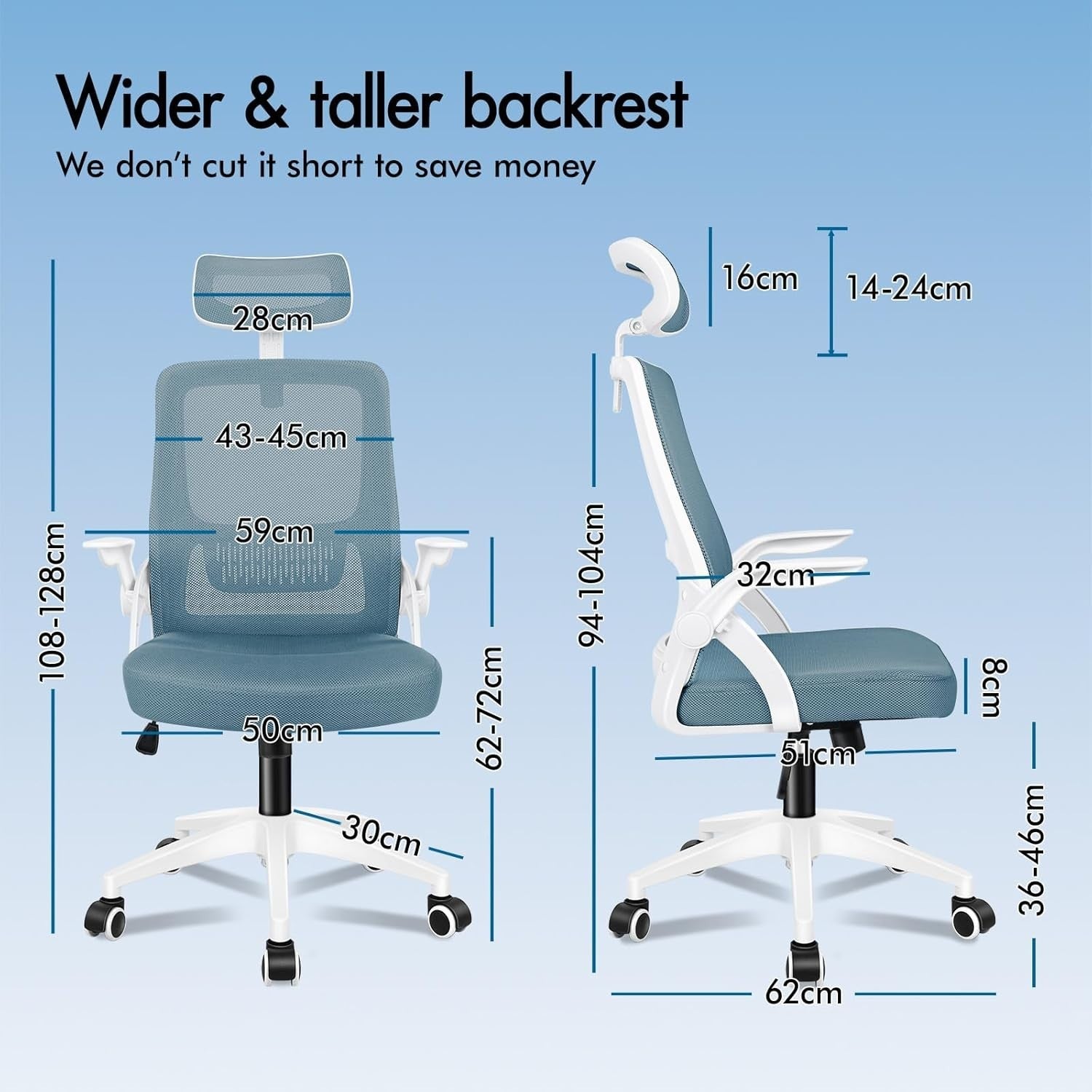 Ergonomic Mesh Office Chair Computer Desk Swivel Home Work Flip-Up Arms Blue