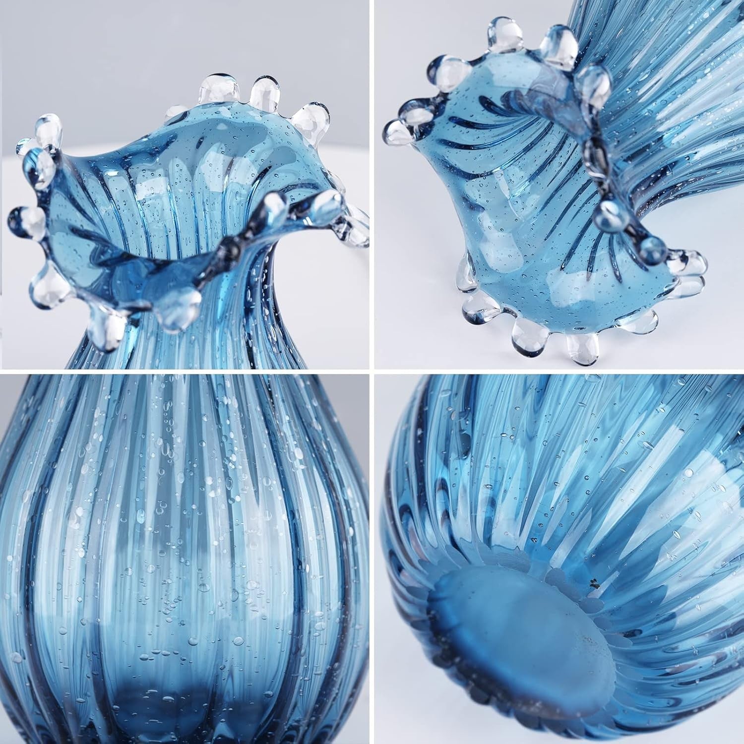Blue Blown Glass Vase Modern Table Centerpiece Art Flower Display